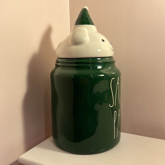 Rae Dunn SANTA PAWS Canister with Figural Dog Lid, Green and White - Picture 3 of 11